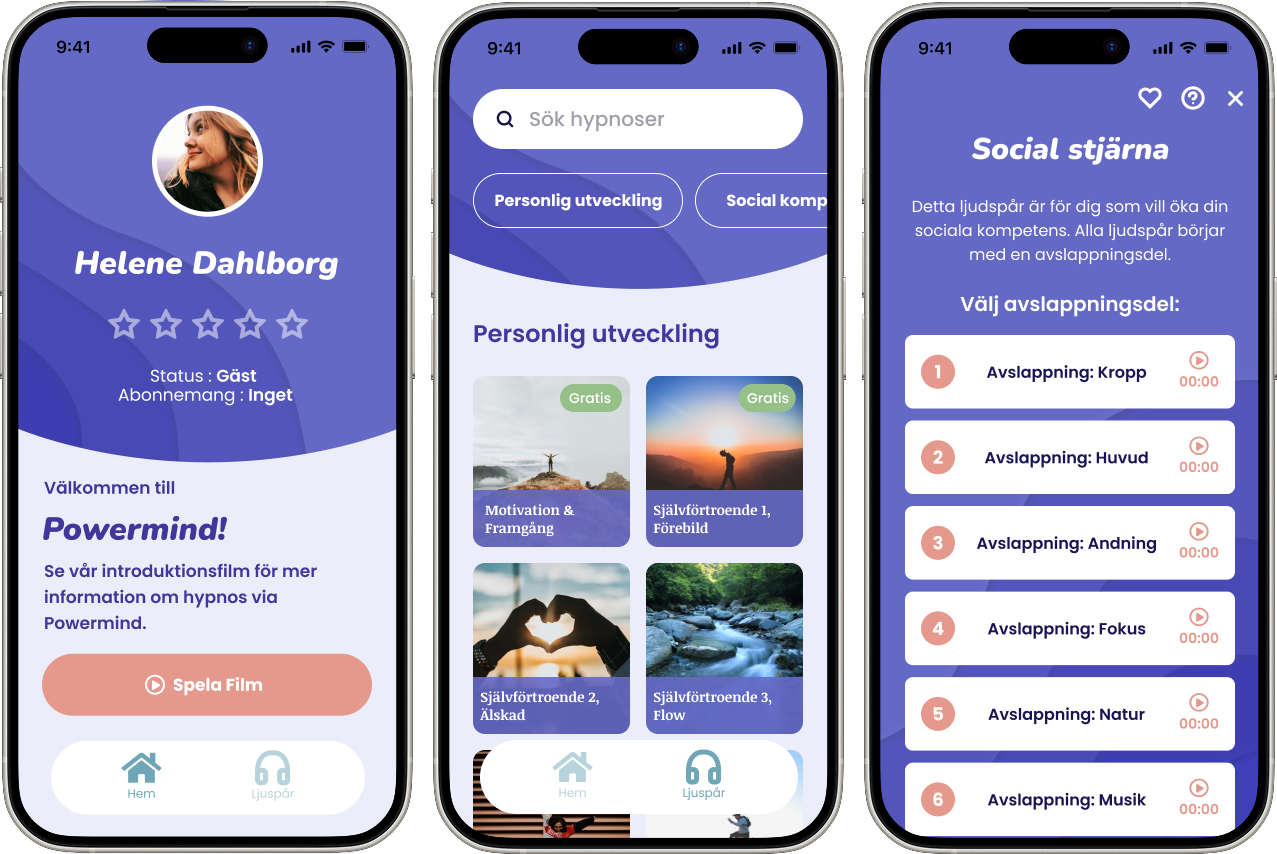 The image shows three different phone screens, to the left it's a purple profile page, in the middle a purple search page with tiles arranged in a grid that contain a picture and the title of a meditation category. To the right a purple page with a list of the tracks available for a specific category.
